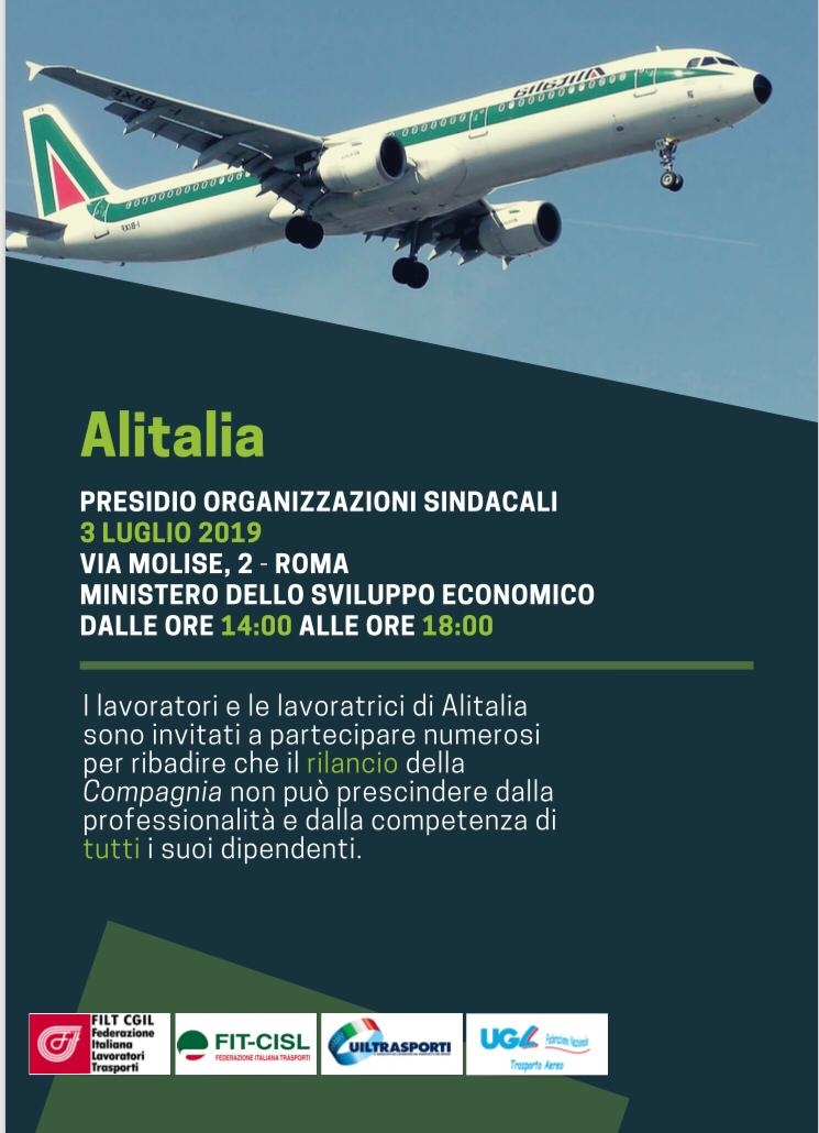 Alitalia: presidio dei lavoratori il 3 luglio a Roma