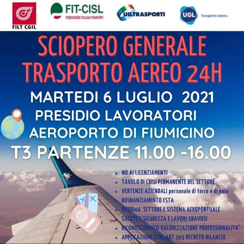 Trasporto aereo: Sindacati, 24 ore di sciopero 6 luglio di tutti i lavoratori settore