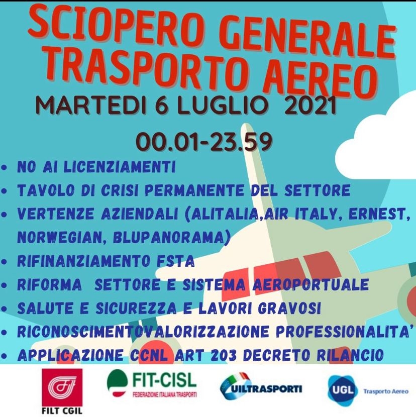 Trasporto aereo: Sindacati, nuovo sciopero generale di 24 ore 6 luglio