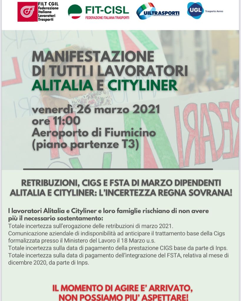 Alitalia: Sindacati, domani manifestazione lavoratori a Fiumicino A rischio sostentamento 11 mila famiglie