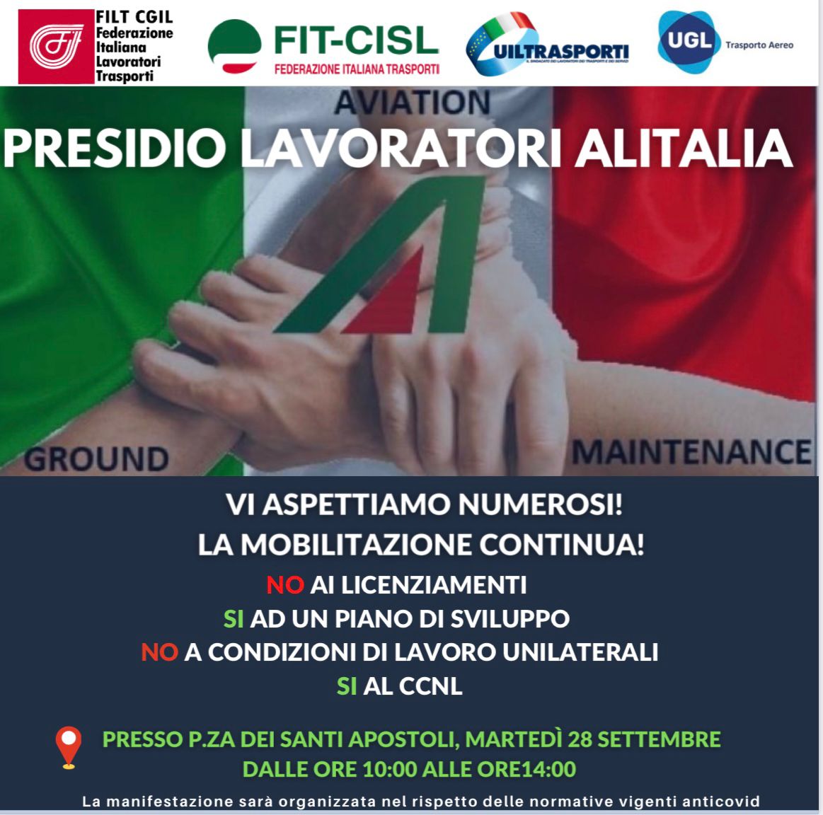 Presidio lavoratori Alitalia martedì 28 settembre dalle 10 alle 14 Piazza dei Santi Apostoli Roma
