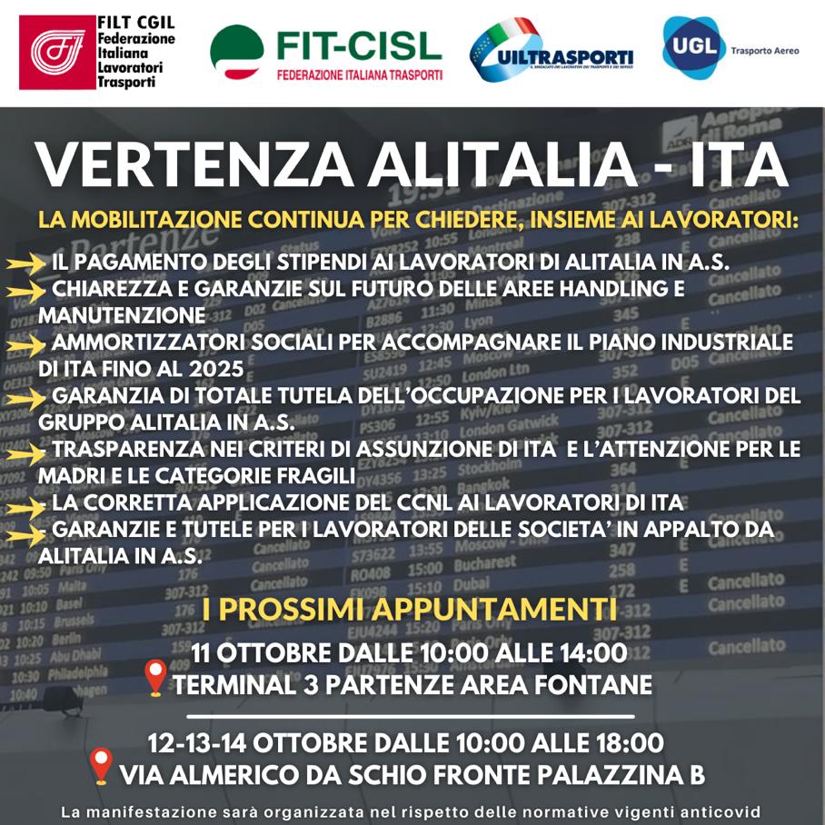 Vertenza Alitalia-Ita Presidio lavoratori da lunedì 11 a venerdì 14 ottobre presso l’aeroporto di Fiumicino