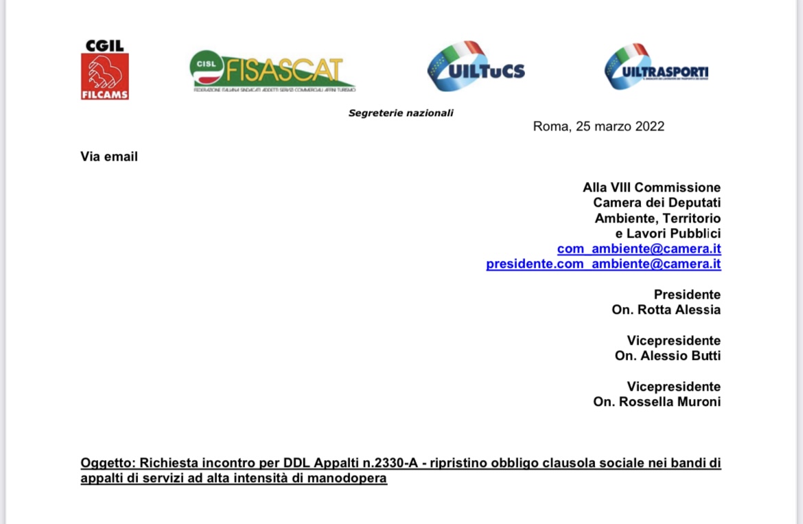 DDL Appalti, Richiesta incontro per ripristino obbligo clausola sociale nei bandi di appalti di servizi ad alta intensità di manodopera