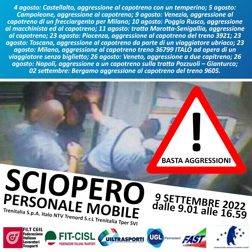 ? Trasporto Ferroviario; Sciopero Personale Mobile, 9 settembre 2022, h 9.01/16.59