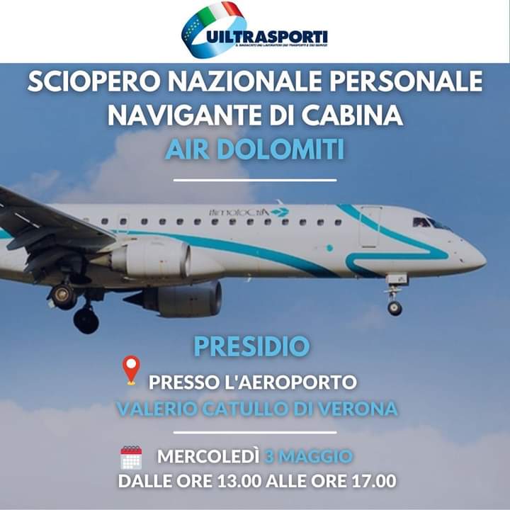 Trasporto Aereo: Sindacati, 3 maggio sciopero assistenti di volo Air Dolomiti