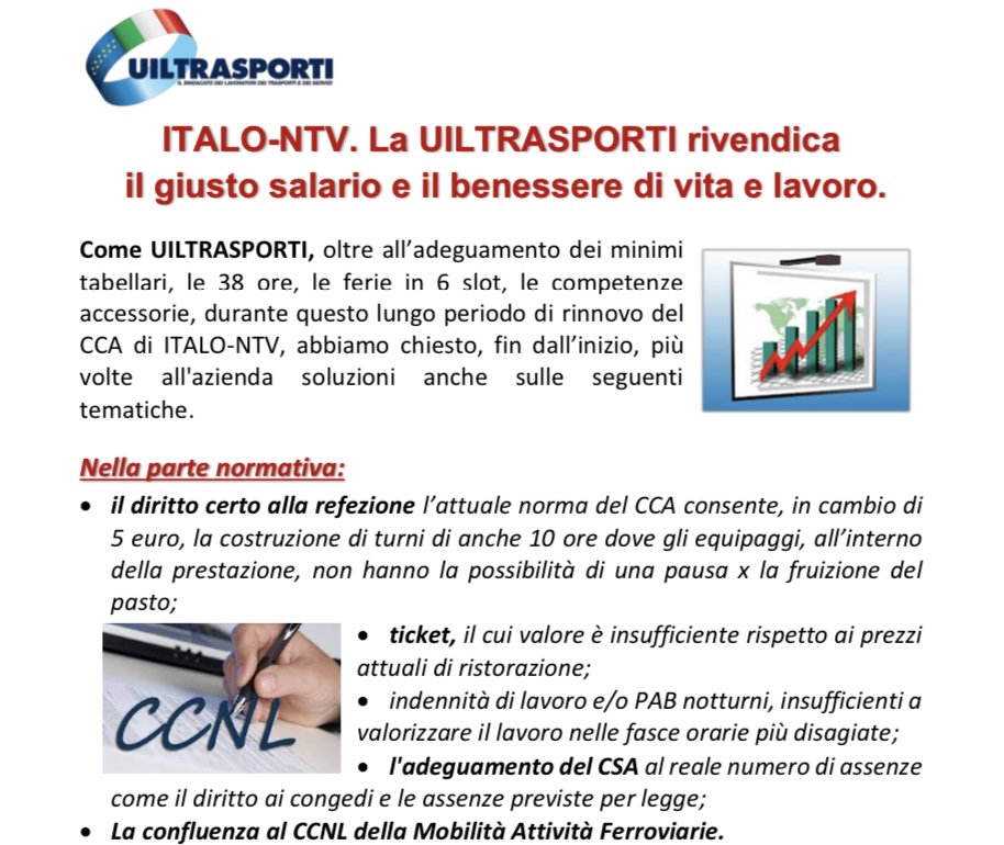 🔵 ITALO-NTV; La UILTRASPORTI rivendicail giusto salario e il benessere di vita e lavoro