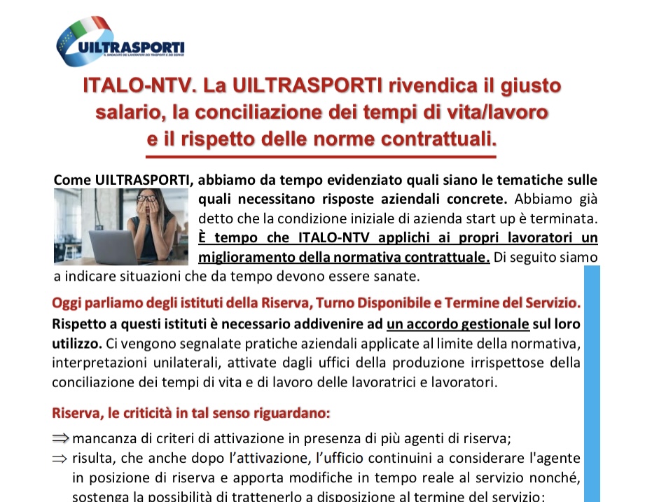 🔵 ITALO-NTV; UILTRASPORTI rivendica il giusto salario, la conciliazione dei tempi di vita/lavoro e il rispetto delle norme contrattuali