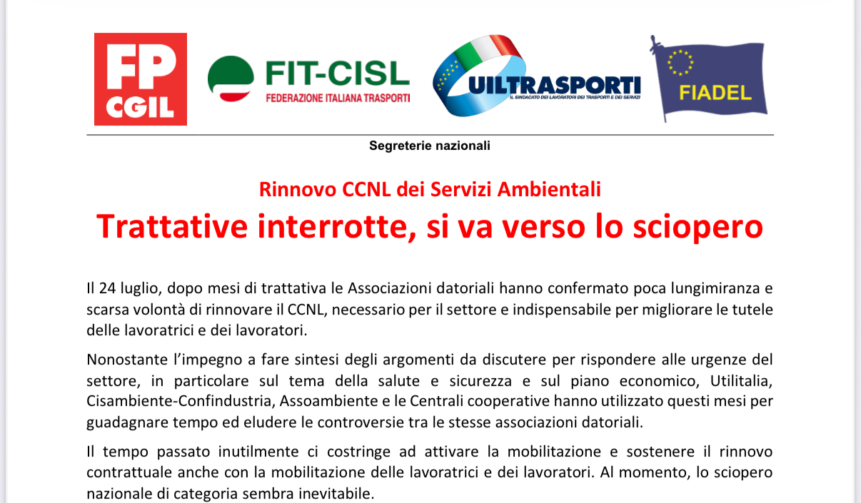 CCNL SERVIZI AMBIENTALI: TRATTATIVE INTERROTTE. SI VA VERSO LO SCIOPERO! 