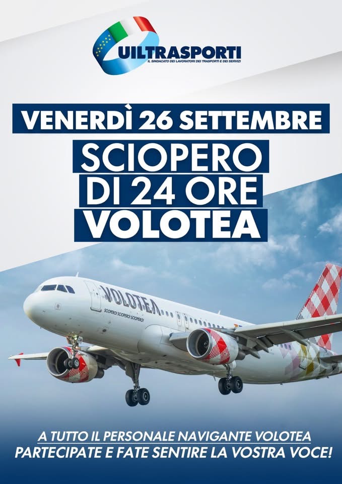 Volotea: Venerdì 26 settembre sciopero nazionale di 24 ore per un contratto dignitoso e retribuzioni adeguate.
